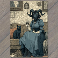 Art Print Goat Lady Black Cat Wine Glass Blue Dress Horns Portrait Wall Sofa