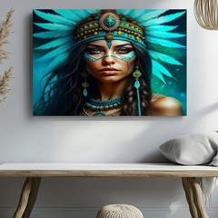 Native American Woman with Turquoise Feather Headdress Canvas Wall Art Print
