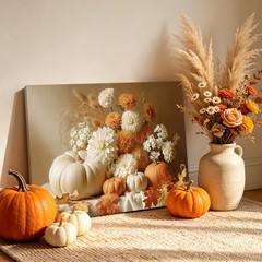 Rustic Fall Leaf Pumpkin Orange Floral Canvas Wall Art for Bathroom Living Room