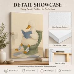 Funny Duck Reading Book on Toilet Canvas Print Whimsical Bathroom Wall Art
