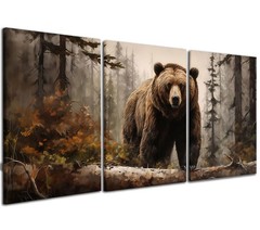 3Pcs Framed Grizzly Brown Bear in Misty Forest Canvas Wall Art Wildlife Print…