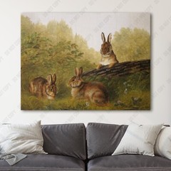 Rabbit Family Bunnies Old Paintings Landscape Wildlife Canvas Wall Art Print
