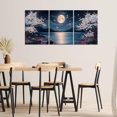 3 piezas de lienzo con diseño de flor de cerezo, luna y lago, arte pared 12 x 16