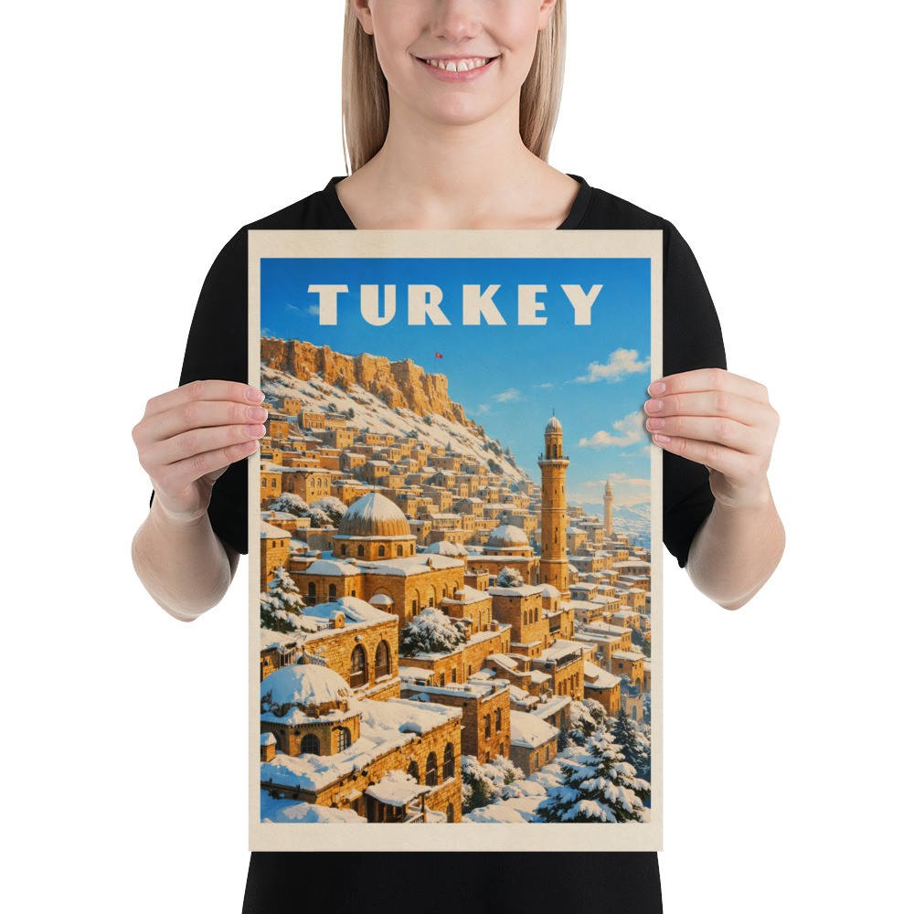 Winter Mardin, Turkey poster – Vintage Travel Print. Snowy Mardin Cityscape art