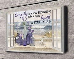Canvas Art Framed Window Lavender Ocean New Beginning Quote Wall Decor