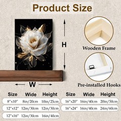 Modern Floral Wall Art- White and Gold Rose Flower Bathroom Wall Decor- Black…