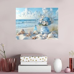 Blue Floral Vase with Seashells & Starfish Ocean Canvas Painting Wall Poster