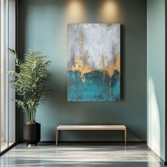 Abstract Gold Teal Gray Painting Print, Framed Canvas Wall Art Modern Elegant
