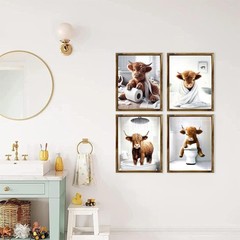 Waterproof Highland Cow Bathroom Art Prints – Humorous Decor (8×10, Set of 4)