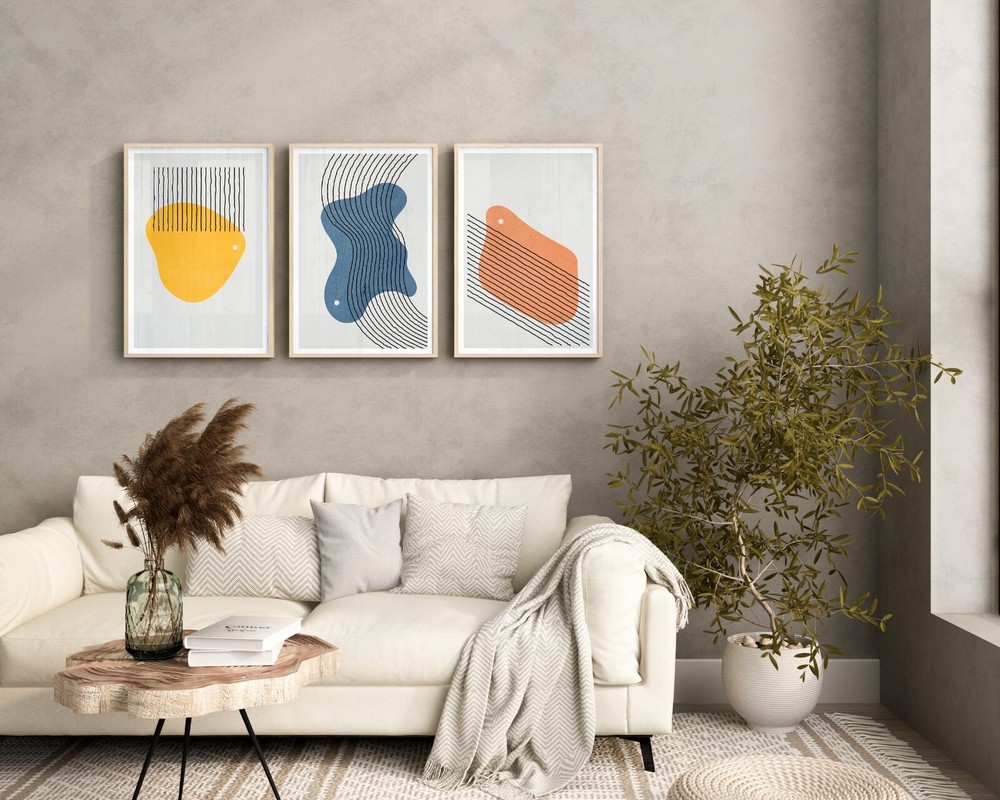 3 Piece Framed Canvas Wall Art Mid Century Color Blocks Abstract Shapes Print