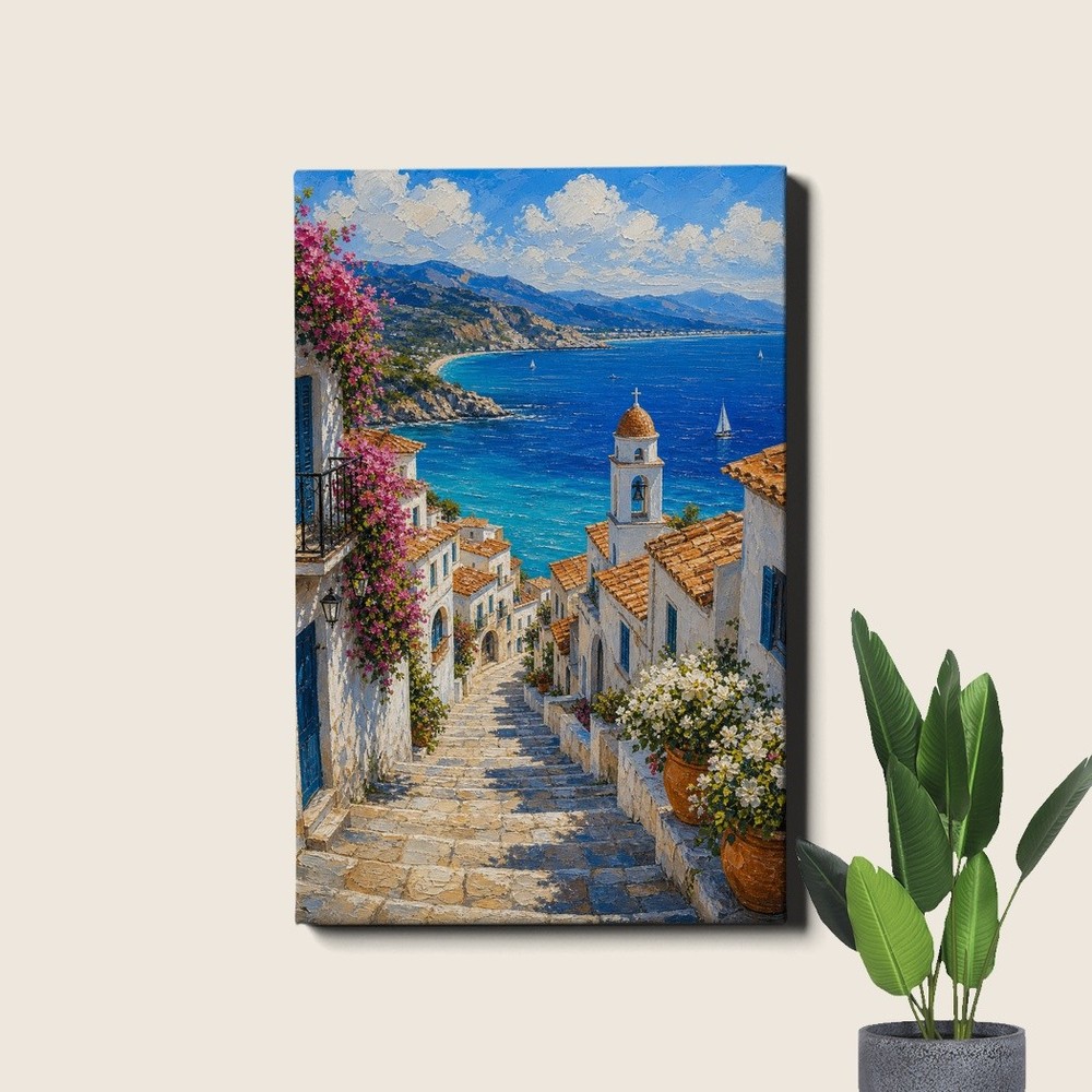 Coastal Village Poster Print Mediterranean Alley Flowers Seascape