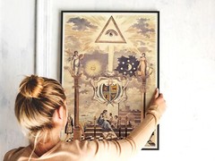 Masonic Temple Pillars and Crest, Freemasonry Print, Vintage Masonic Wall Art.