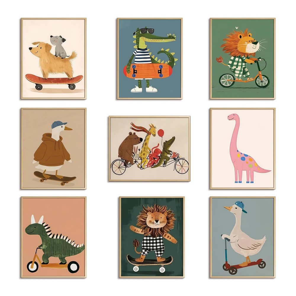 Kids Room Wall Art Set of 9, Funny Cute Cartoon Animal Canvas Prints, Nursery…