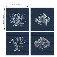 4-Piece 12 X 12 In. Framed Coral and Navy Blue Coastal Canvas Wall Art for Beach