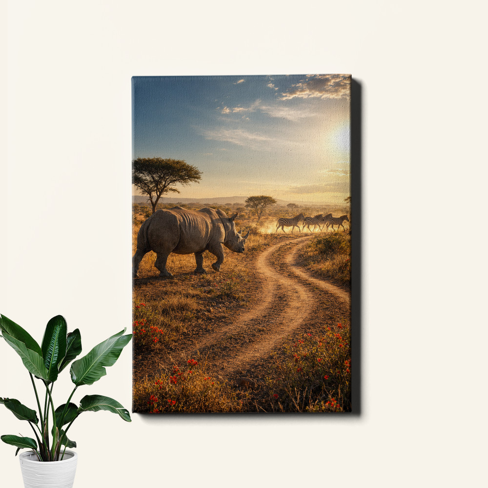 Photoreal rhino and zebras savanna landscape Wall Art wildlife scene