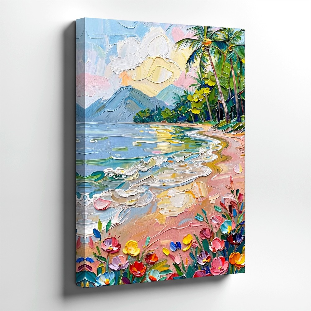 Wall Art Tropical Beach Seascape Palm Trees Ocean Waves Floral Oil Painting