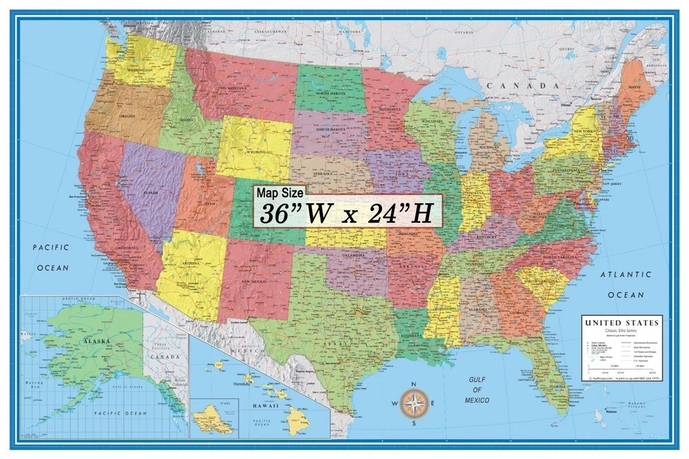 United States 36″x24″ Map Classic Premier USA US Wall Decor w/ Gulf of Mexico