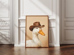 Funny Duck Wearing Cowboy Hat Canvas Print, Quirky Animal Portrait Painting