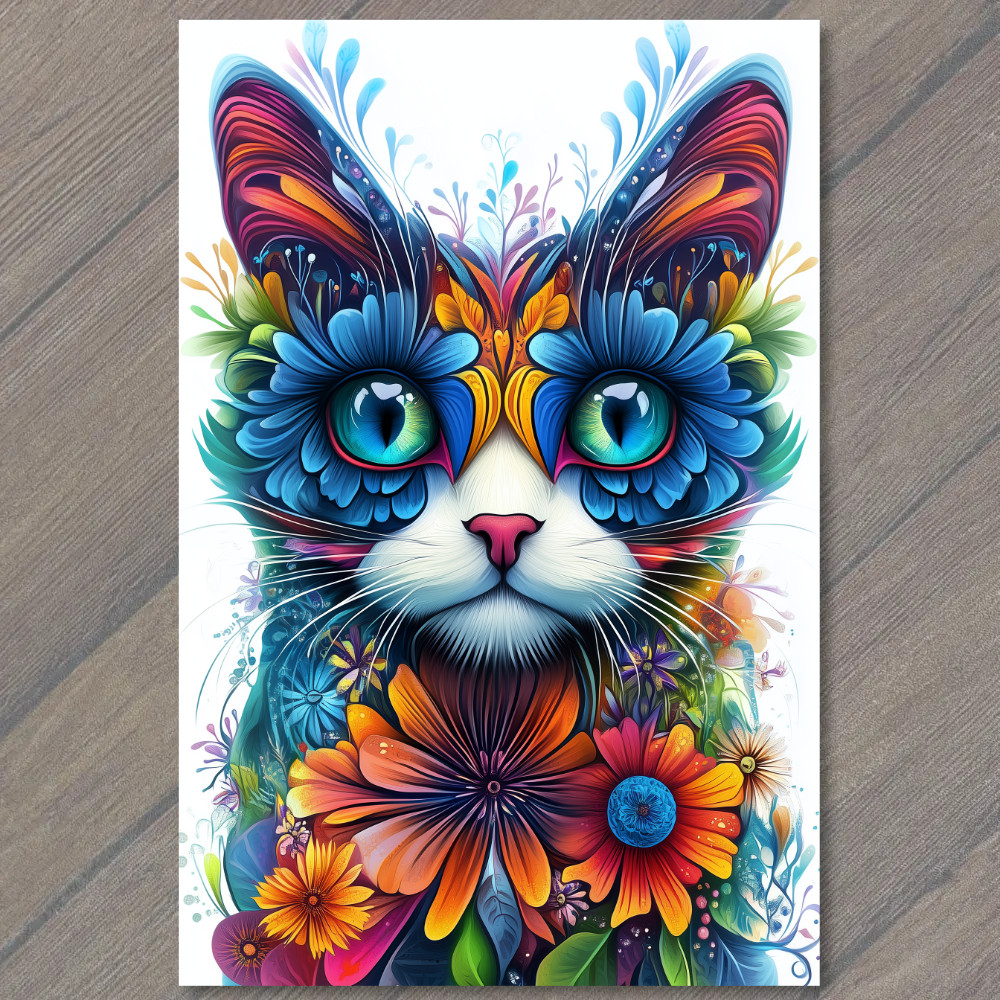 Art Print Bright Whimsical Cat with Big Eyes Surrounded by Artistic Flower Cute