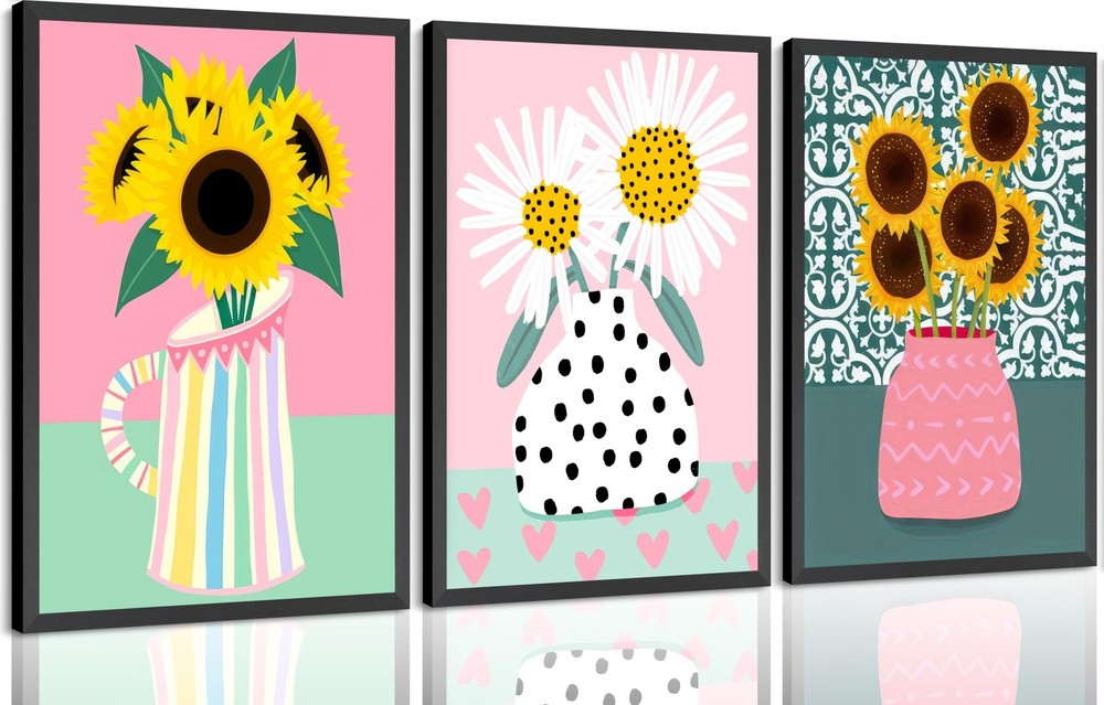 Colorful Sunflower Daisy Wall Art Prints Set of 3, Pink and Green Floral Vase…