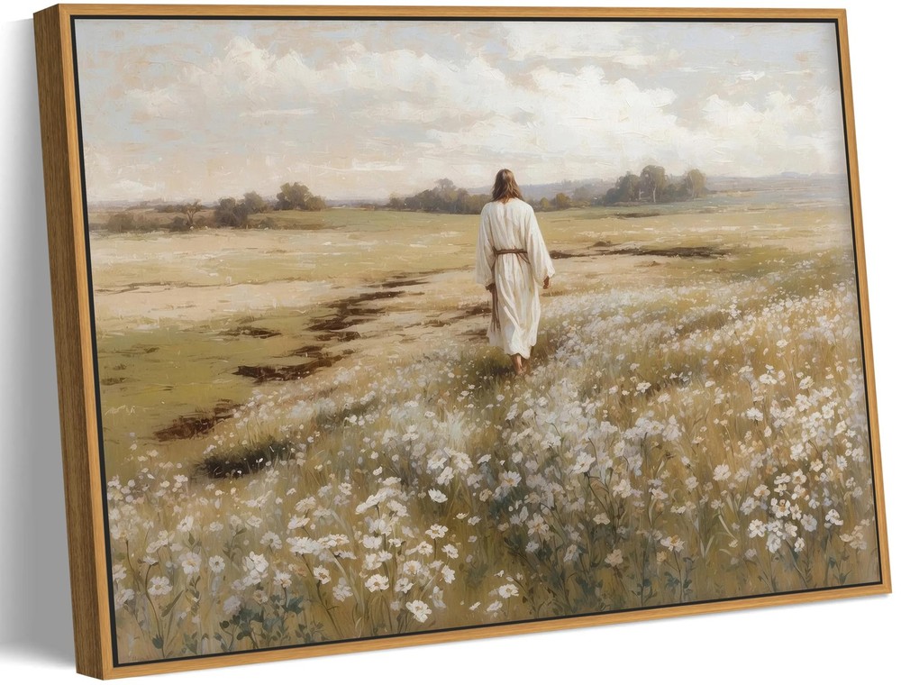 Framed Jesus Canvas Wall Art Jesus Walking In Field Painting Rustic Christian…