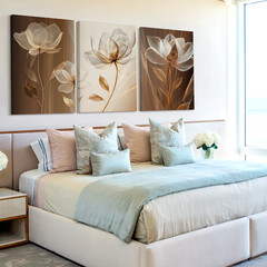 3 Pieces Elegant Neutral Toned Floral Large Wall Art Set for Living Set Of 3