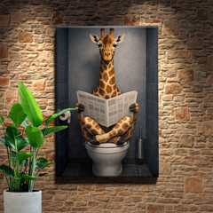 Giraffe Reading Newspaper on Toilet Funny Bathroom Canvas Print Unframed