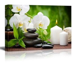 Canvas Prints Wall Art – Zen Basalt Stones and Orchid on the Wood – 16″ x 24″