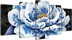 Blue and White Chinoiserie Peony Canvas Wall Art Set of 5 – L: 50″ x H: 24″
