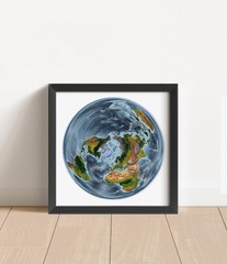 World Map, WGS 1984 Grid North Projection World Map, Framed World Relief Map
