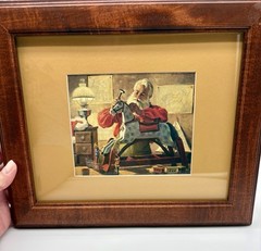 Vintage Christmas🎄SANTA MAKING TOYS FRAMED ART Rocking Horse GUC Cute Holiday