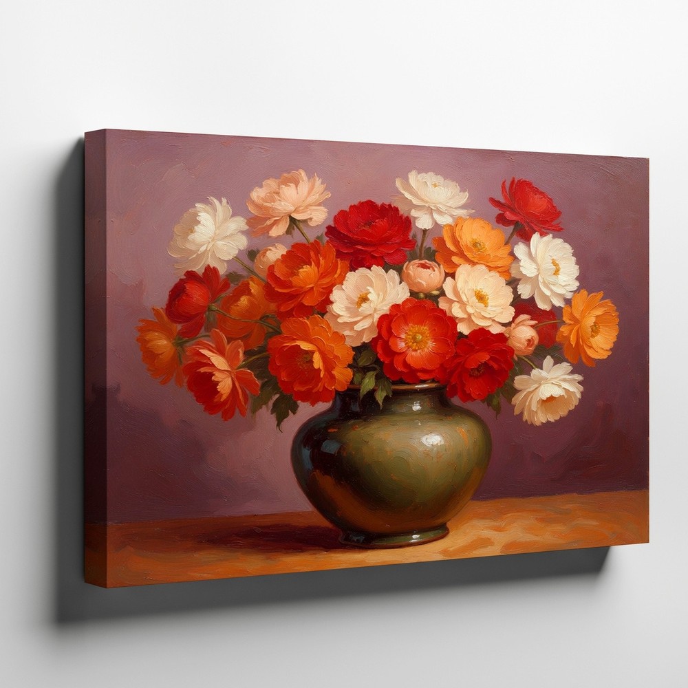 Colorful Vintage Floral Canvas Wall Art Vase with Red Orange White Flowers Print