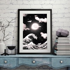 Great Wave off Kanagawa and Lunar Eclipse Canvas Painting Wall Art Poster Print