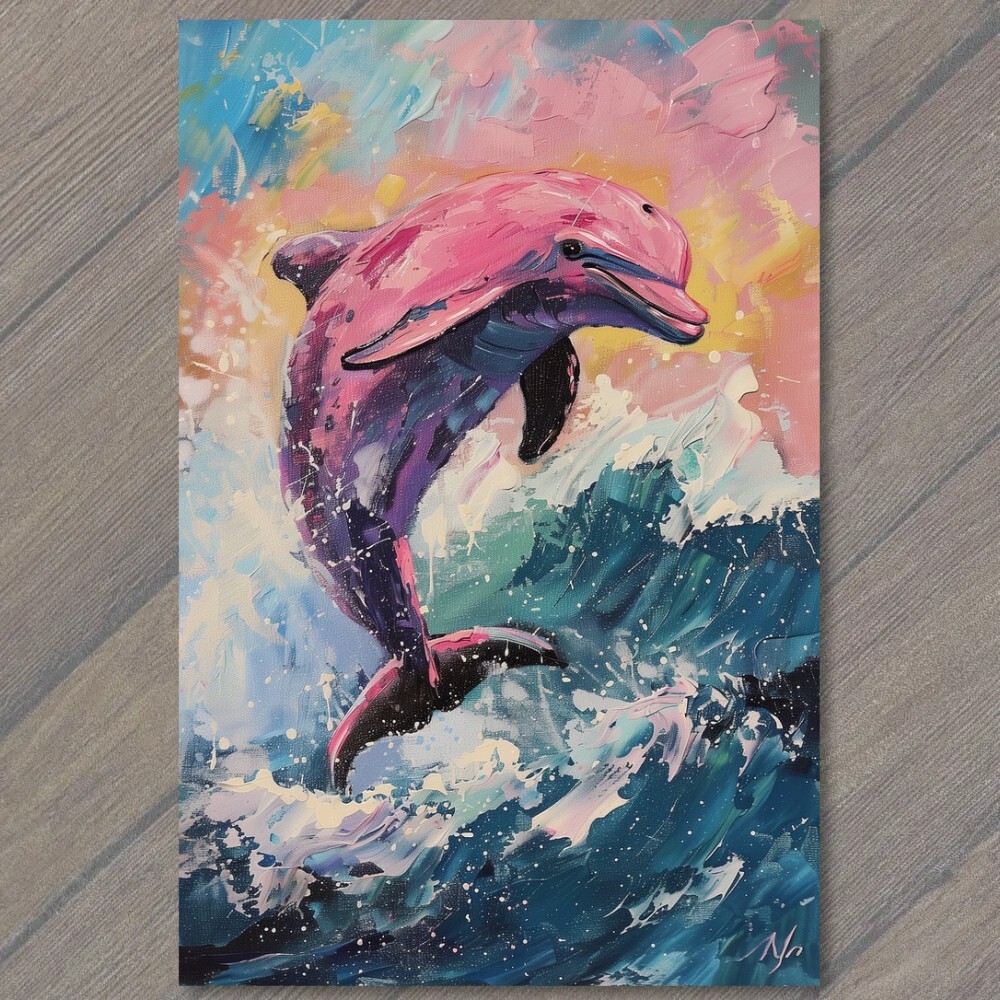 Art Print Pink Dolphin Jumping Out of Water Ocean Sea Unusual Rare Fun Cute