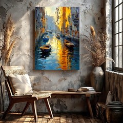 Wall Art Venice Canal Boats Oil Painting Print Sunlit Water Cityscape Decor