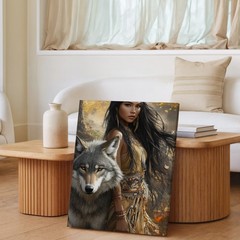 Native American Woman And Wolf Canvas Wall Art Autumn Forest Tribal Decor Print