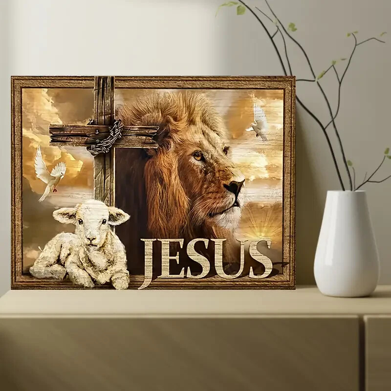 «Charming Lamb & Majestic Lion Canvas Art Print – Frameless Wall Decor