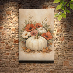 Autumn pumpkin floral still life Canvas Art white pumpkins scene