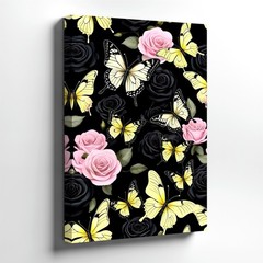Wall Art Yellow Butterflies Pink Black Roses Floral Farmhouse Office Home Print
