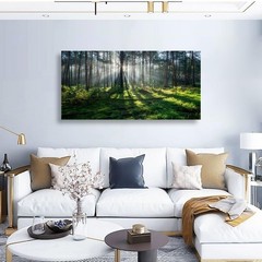 Wall Art Sunlight Green Forest Scenery Canvas Painting Prints,DIY Framed 24″x48″