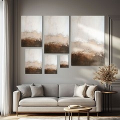 Modern Minimalist Taupe Brown Cream Painting Print on Framed Canvas Wall Art