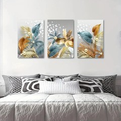 3pcs Modern Golden Butterfly Leaf Metal Print Ready to Hang Art