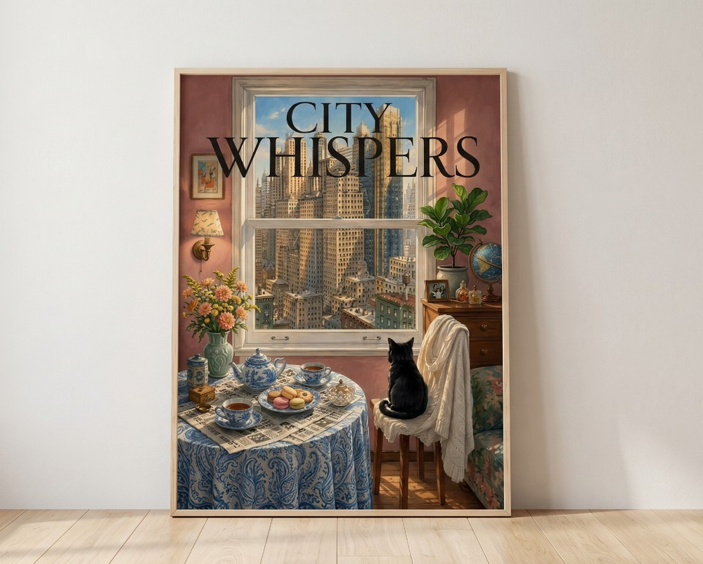 Vintage City Whispers Poster New York Cityscape Black Cat Art Print Decor