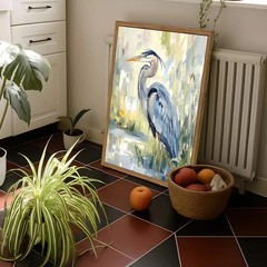 Framed Blue Heron Wall Art, Watercolor Sea Bird Pictures Wall Decor, Coastal Nat