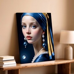 Wall Art Pearl Earring Girl Portrait Blue Gold Headscarf Canvas Print Decor