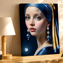 Wall Art Pearl Earring Girl Portrait Blue Gold Headscarf Canvas Print Decor