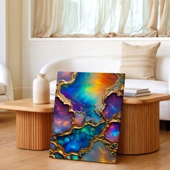 Wall Art Abstract Fluid Acrylic Painting Blue Purple Gold Iridescent Canvas Deco