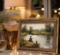 Vintage Gold Framed Boy Fishing Oil Painting Print 12x16in Farmhouse Art