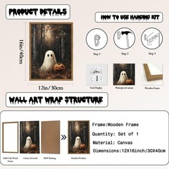 Framed Vintage Halloween Ghost Canvas Wall Art, Cute Ghost Pumpkin Wall Decor…