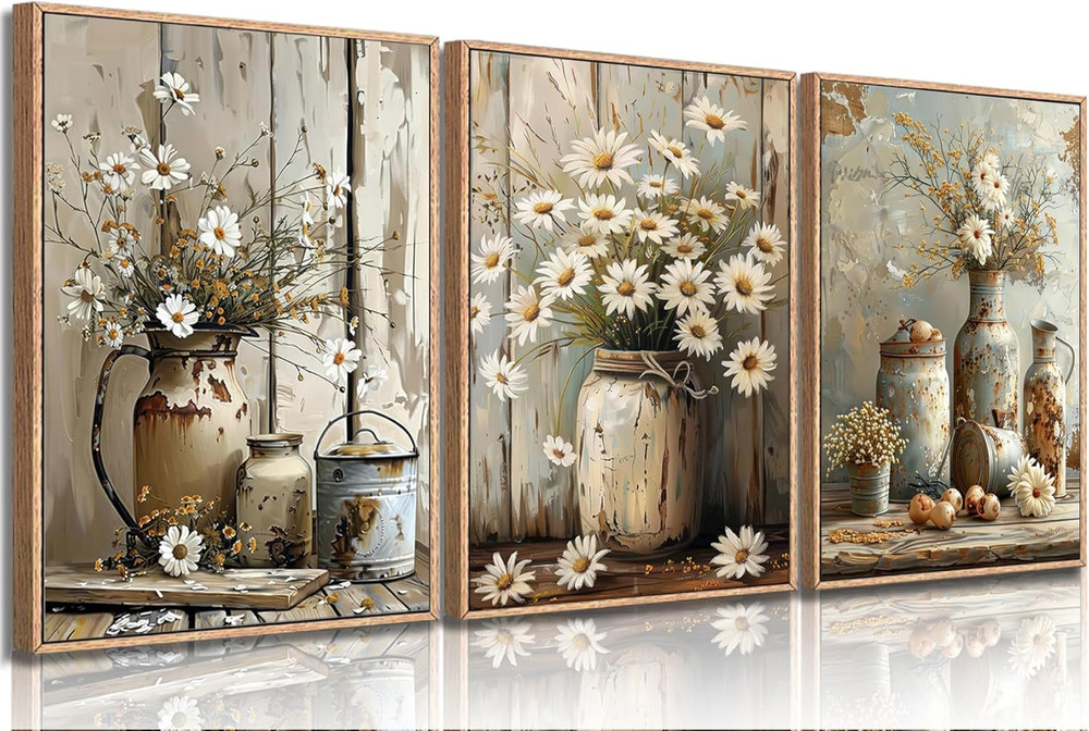 Rustic Farmhouse Daisy Flower Canvas wall art Vintage Country Floral Poster Prin